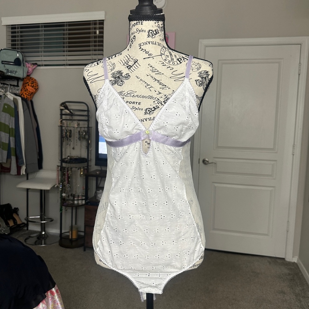 Cosmopolitan White and Purple Lace Bodysuit